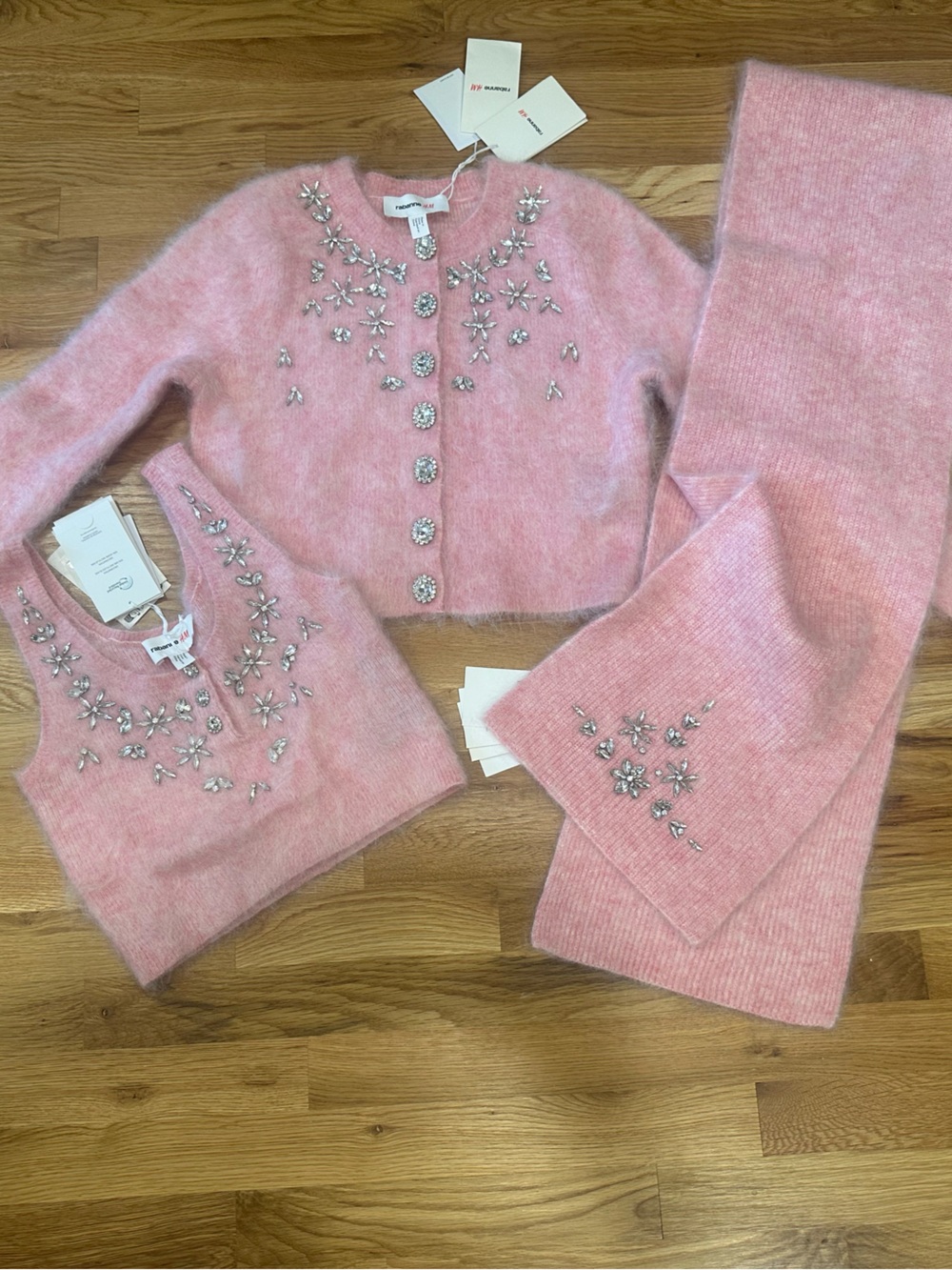 H&M x Rabanne Pink Embellished Mohair-Blend Sweater Set (cardigan,tank top,scarf